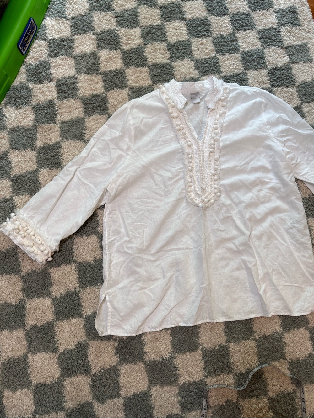 Chico’s white linen and cotton Kurta tunic blouse pom poms summer coverup 20/22